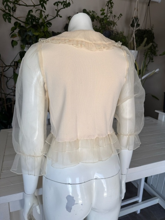 Zara organza knit Sheer Ruffle-Trim Cream Blouse with Tie Neck NWOT Sm - Picture 10 of 16
